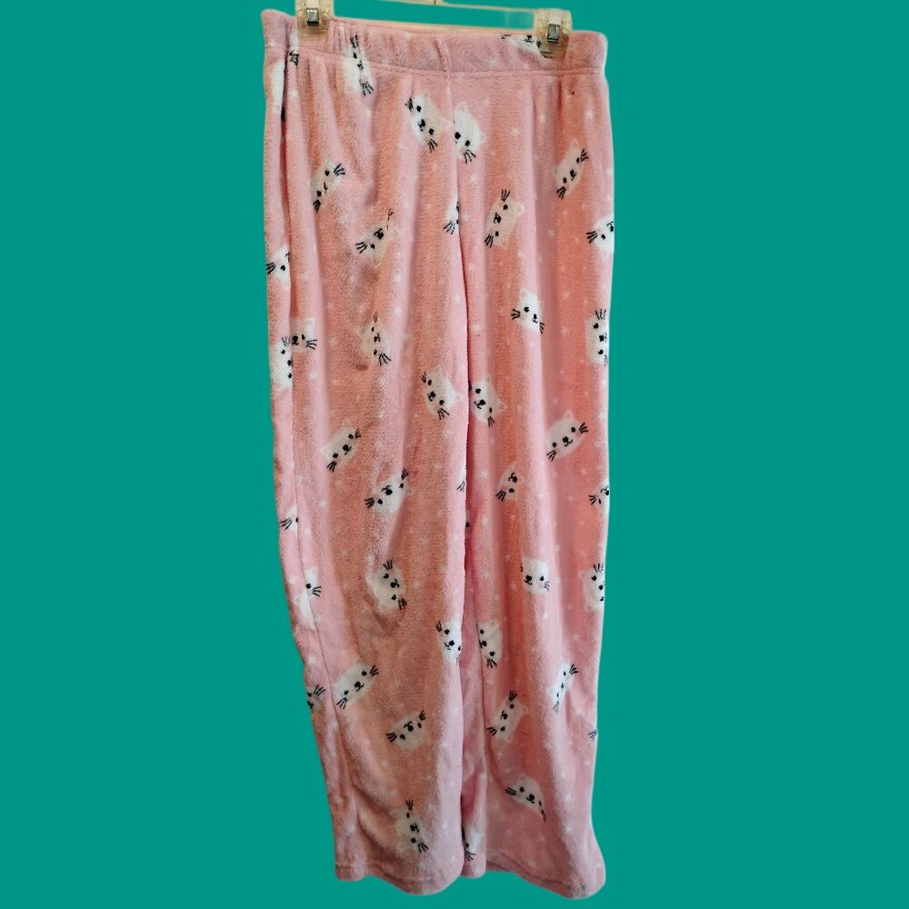 Women's Fuzzy Soft Pink Pajama Pants  Polka Dots and Cat Faces Size L